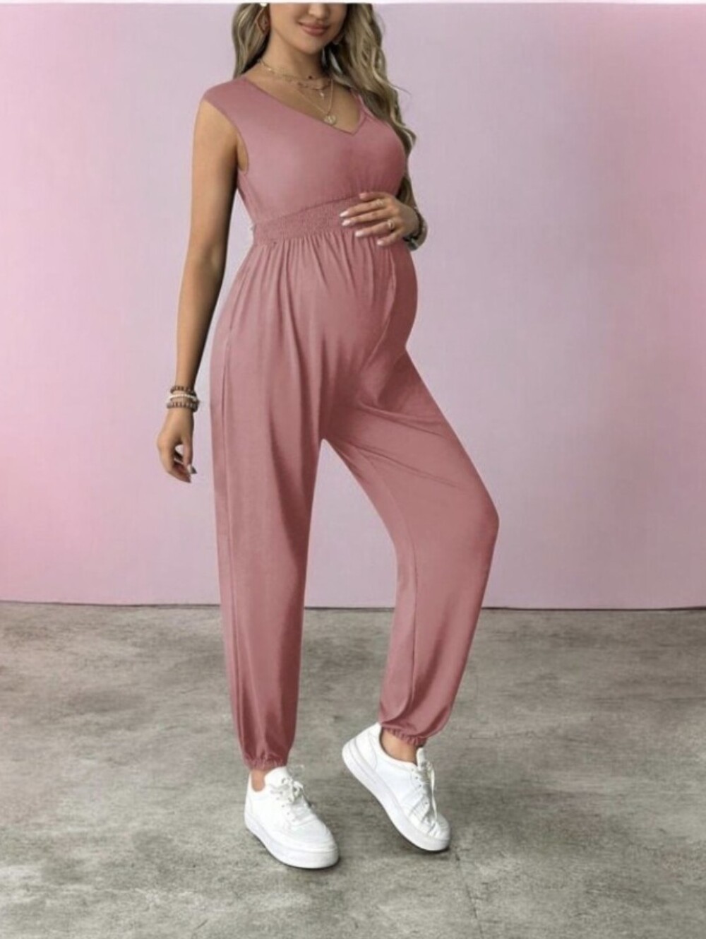 #V02 SHEIN Dusty Rose Maternity V-Neck Jumpsuit